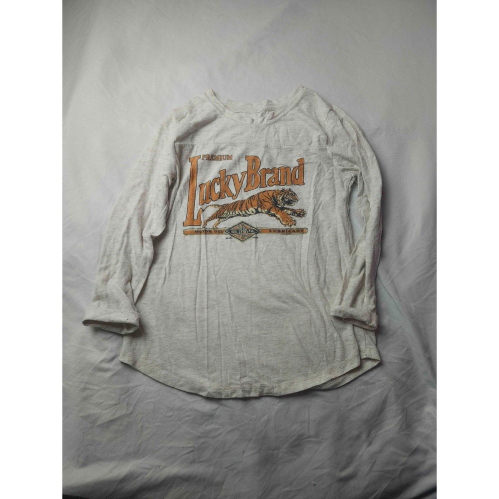 Lucky Brand Tiger Motor Oil Lubricant‎ Top Womens S Gray Graphic Moto Biker Chic